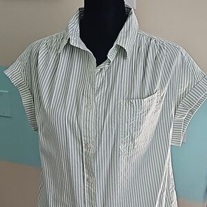Japna Green and White Striped Short Sleeve Button-Up Blouse